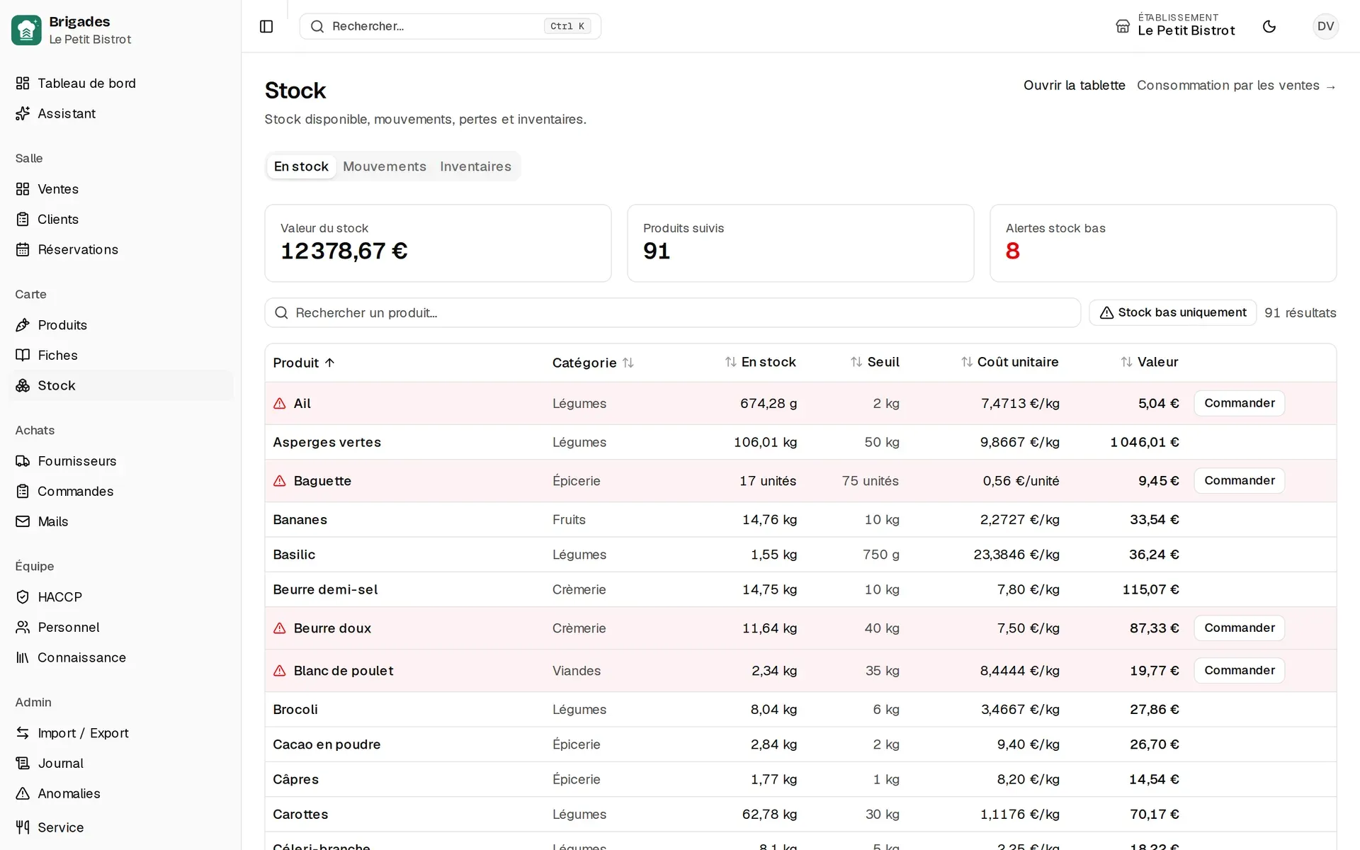 Stock au bureau : mouvements, pertes et comptages